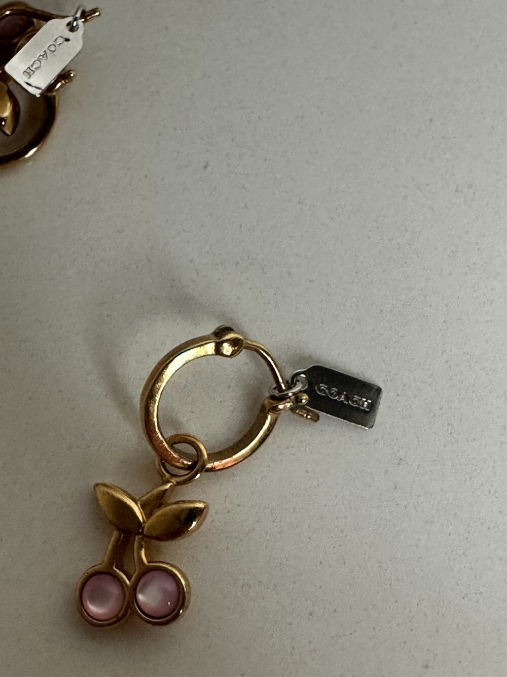 Coach Pink Cherry Charm Huggie Hoop Earrings Gold Tone - Picture 3 of 9